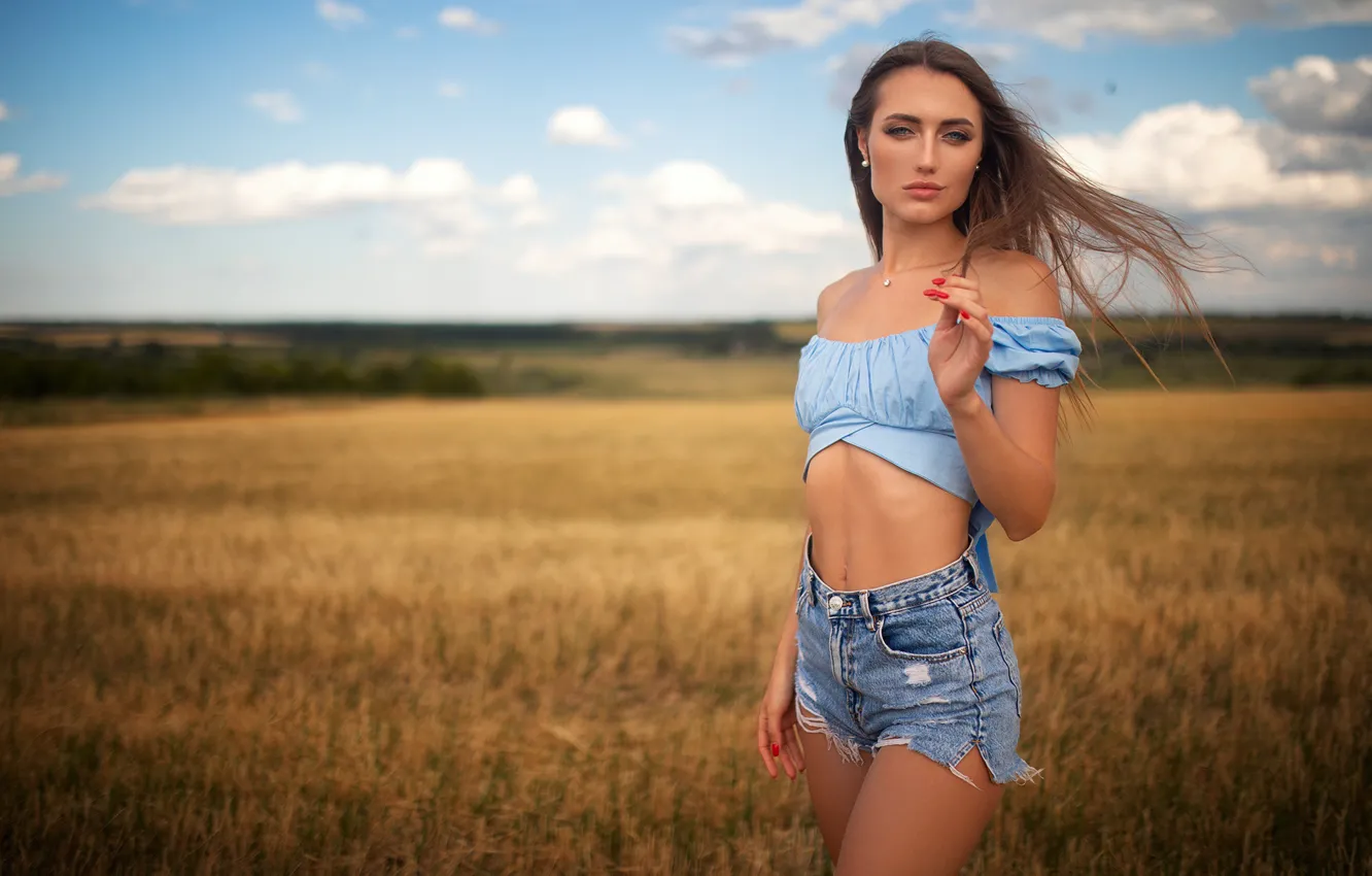 Photo wallpaper field, look, girl, pose, shorts, figure, top, long hair