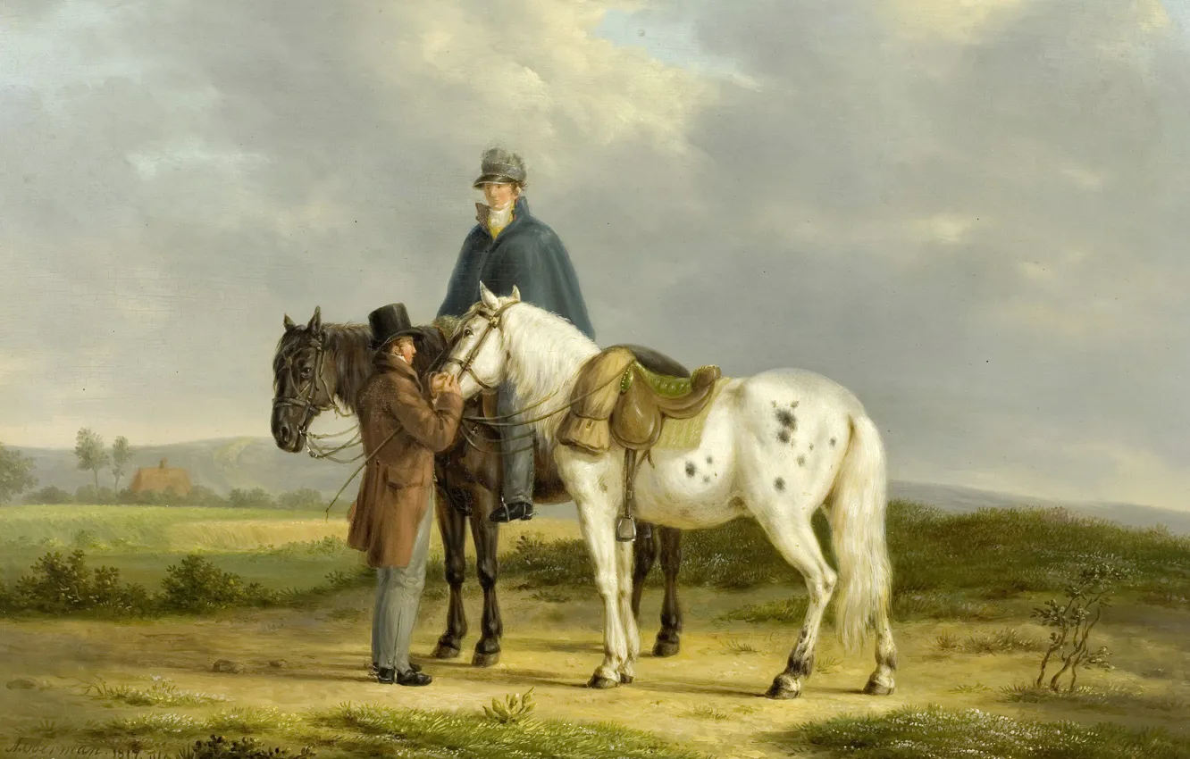 Photo wallpaper trees, oil, picture, Anthony Oberman, Two horsemen in a Landscape