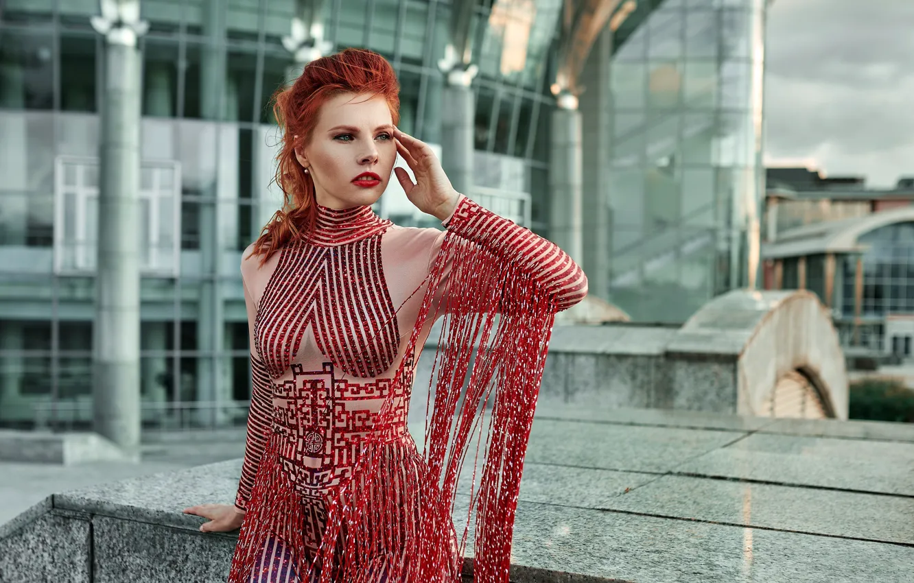 Photo wallpaper girl, pose, hand, outfit, red, redhead, Eugene Marklew, Natasha Korotovskih