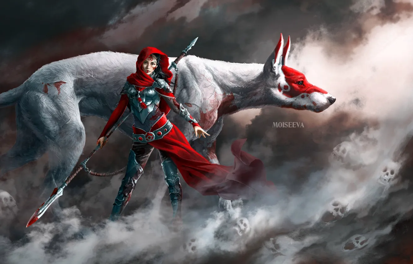 Photo wallpaper look, girl, pose, fog, weapons, fiction, animal, blood