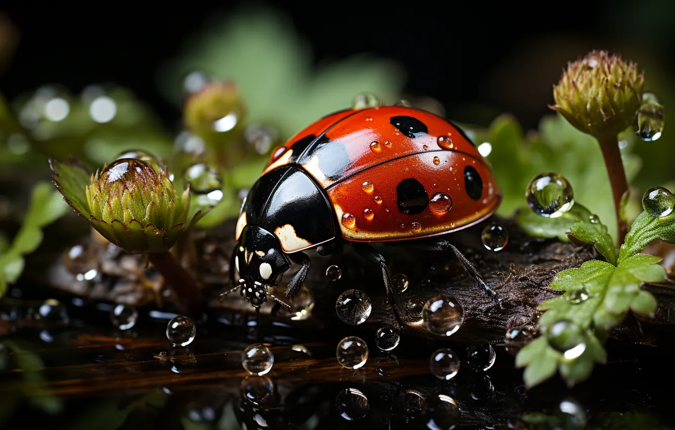 Photo wallpaper drops, ladybug, beetle, AI art, neural network