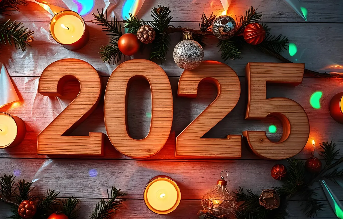 Photo wallpaper balls, light, lights, Board, new year, candles, figures, wooden
