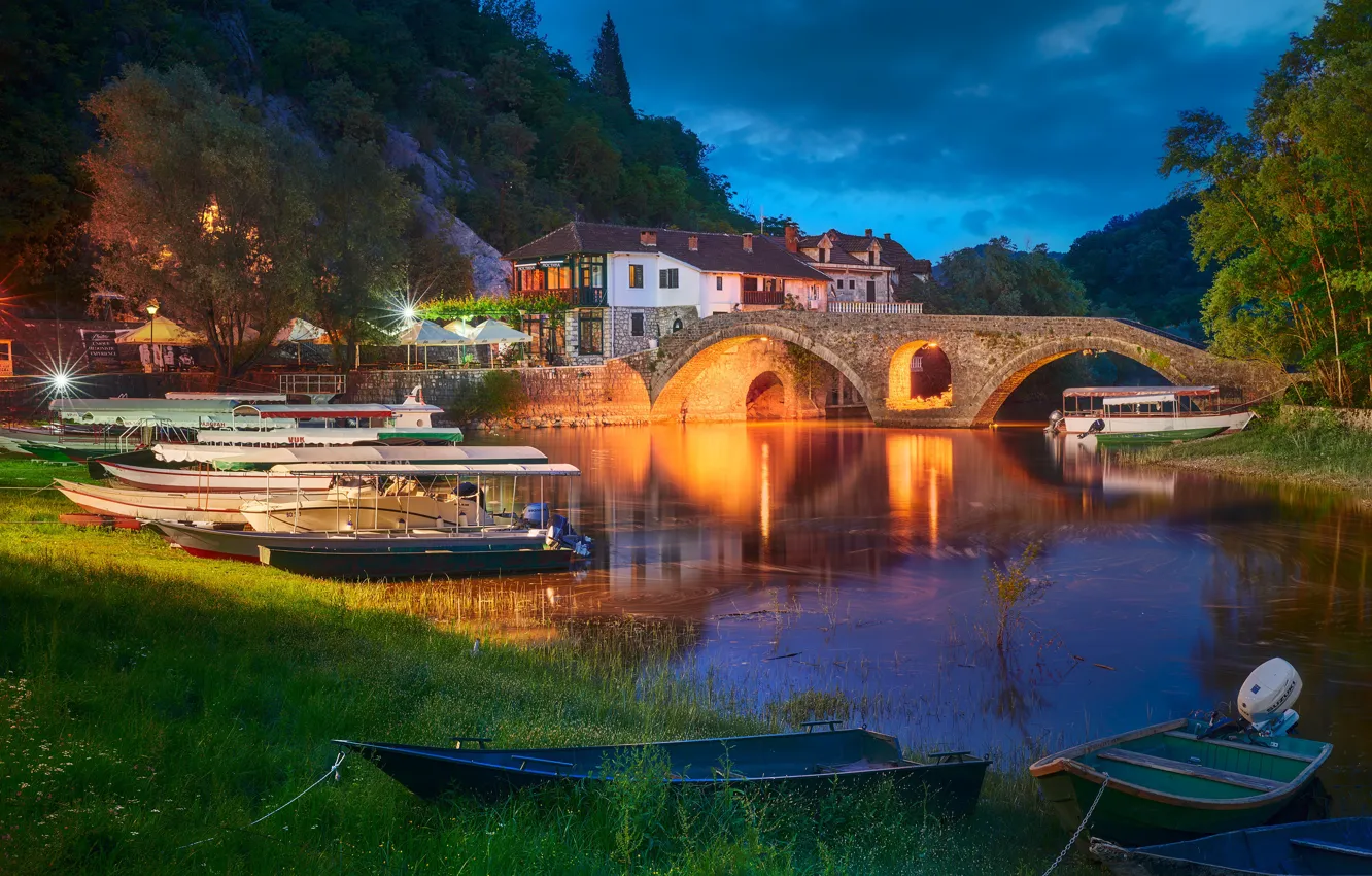 Photo wallpaper landscape, bridge, the city, river, boat, home, the evening, lighting