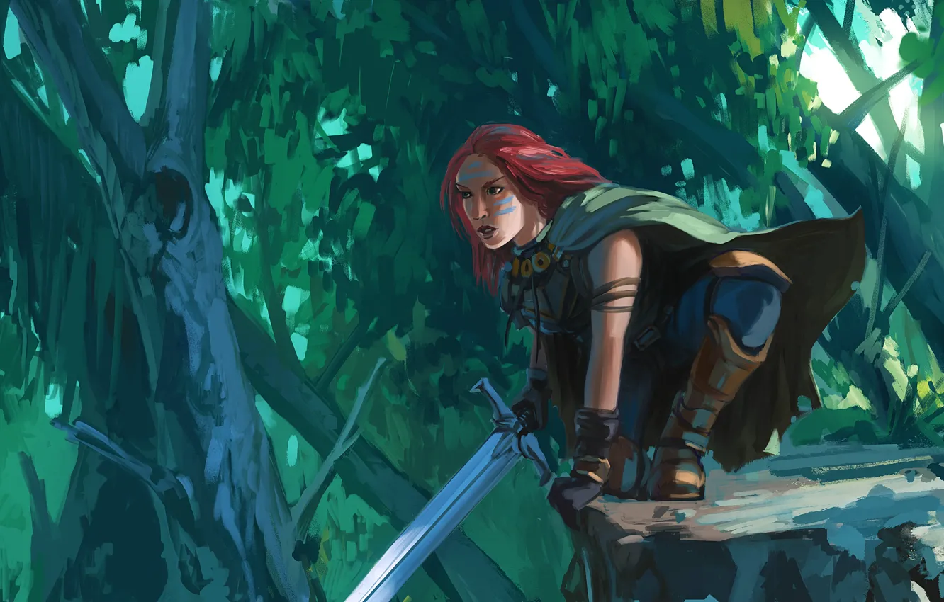 Photo wallpaper forest, look, girl, sword, art, red, Forest Ranger