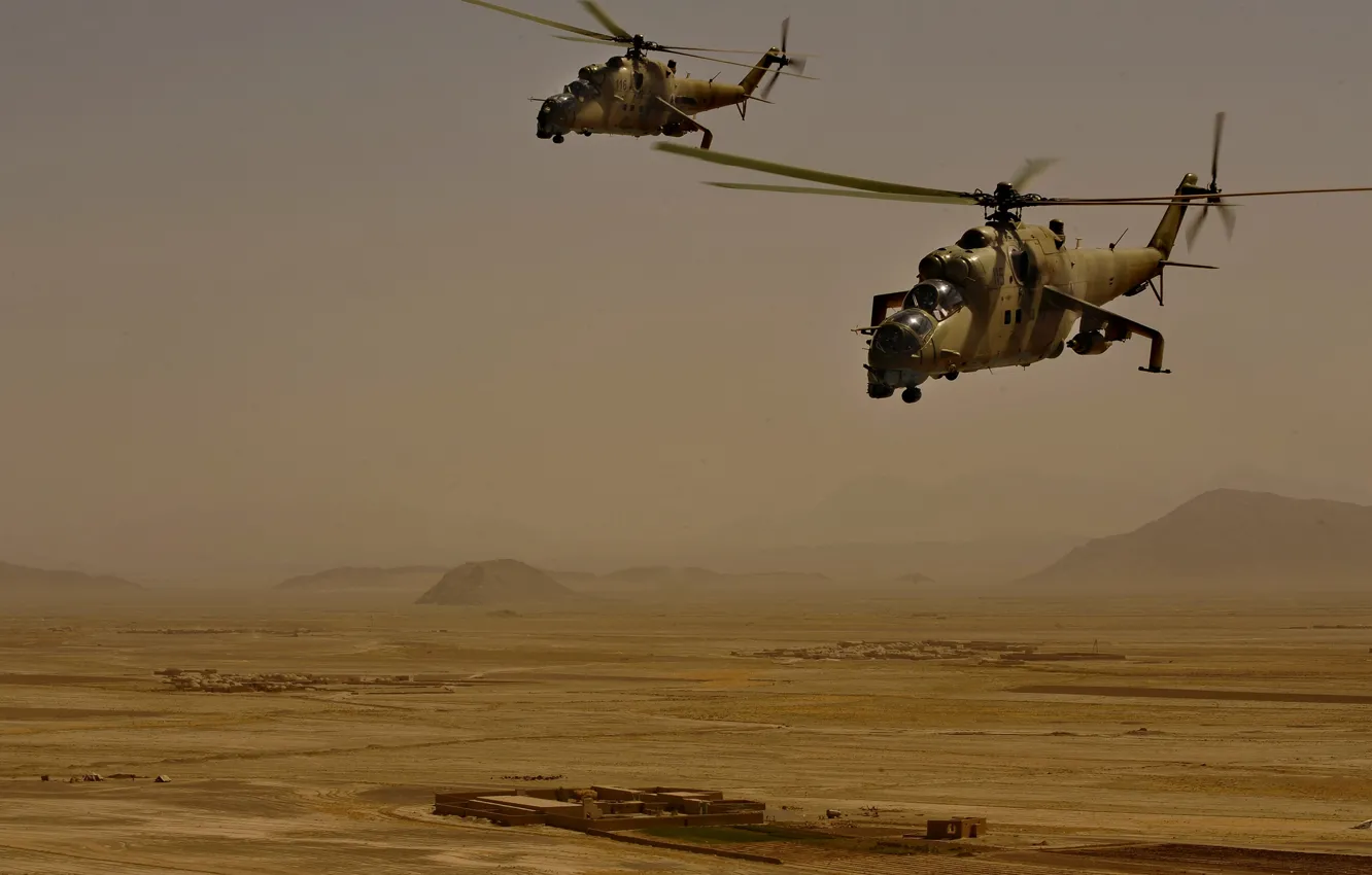 Photo wallpaper desert, flight, helicopter, mi-35