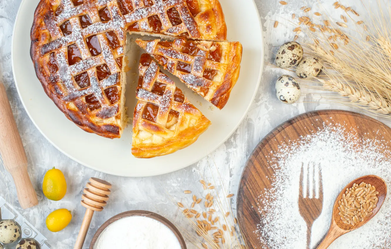 Photo wallpaper table, pie, spoon, plug, dessert