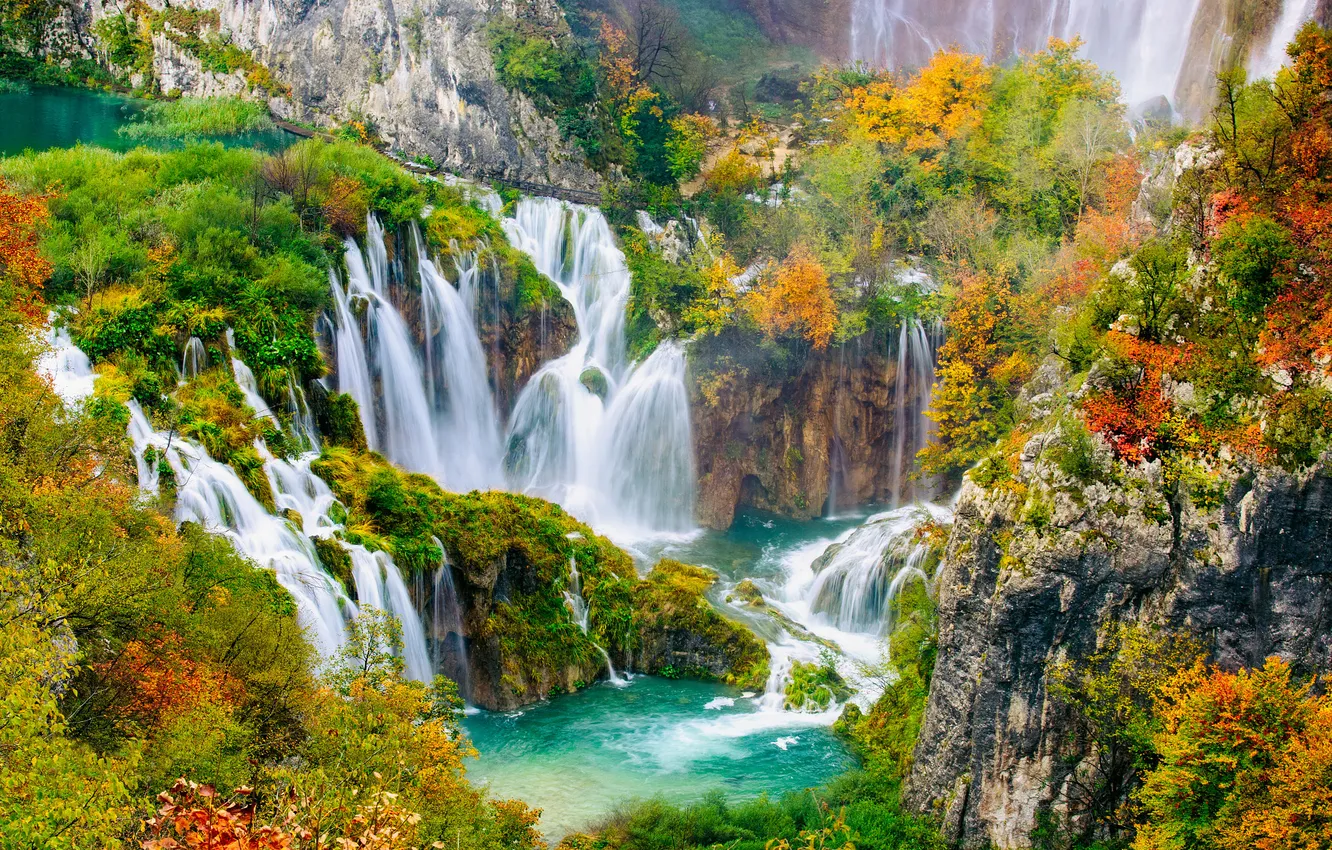 Photo wallpaper autumn, forest, nature, waterfall, Plitvice lakes