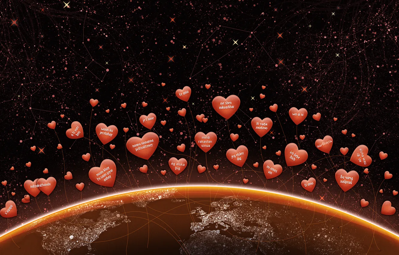 Photo wallpaper stars, love, earth, the inscription, the world, planet, hearts, continents