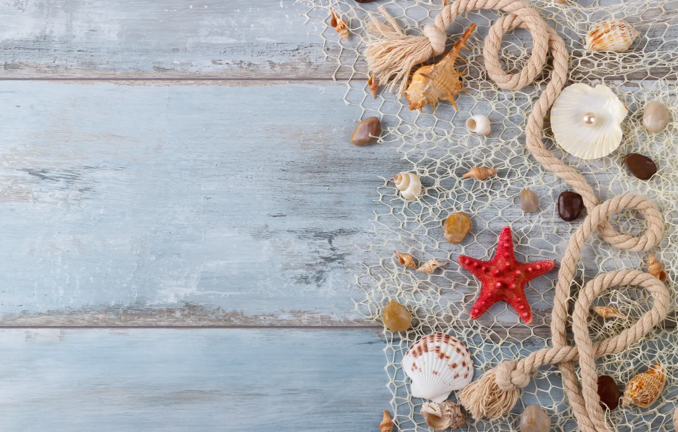 Photo wallpaper sand, stars, shell, wood, sand, marine, still life, pearl