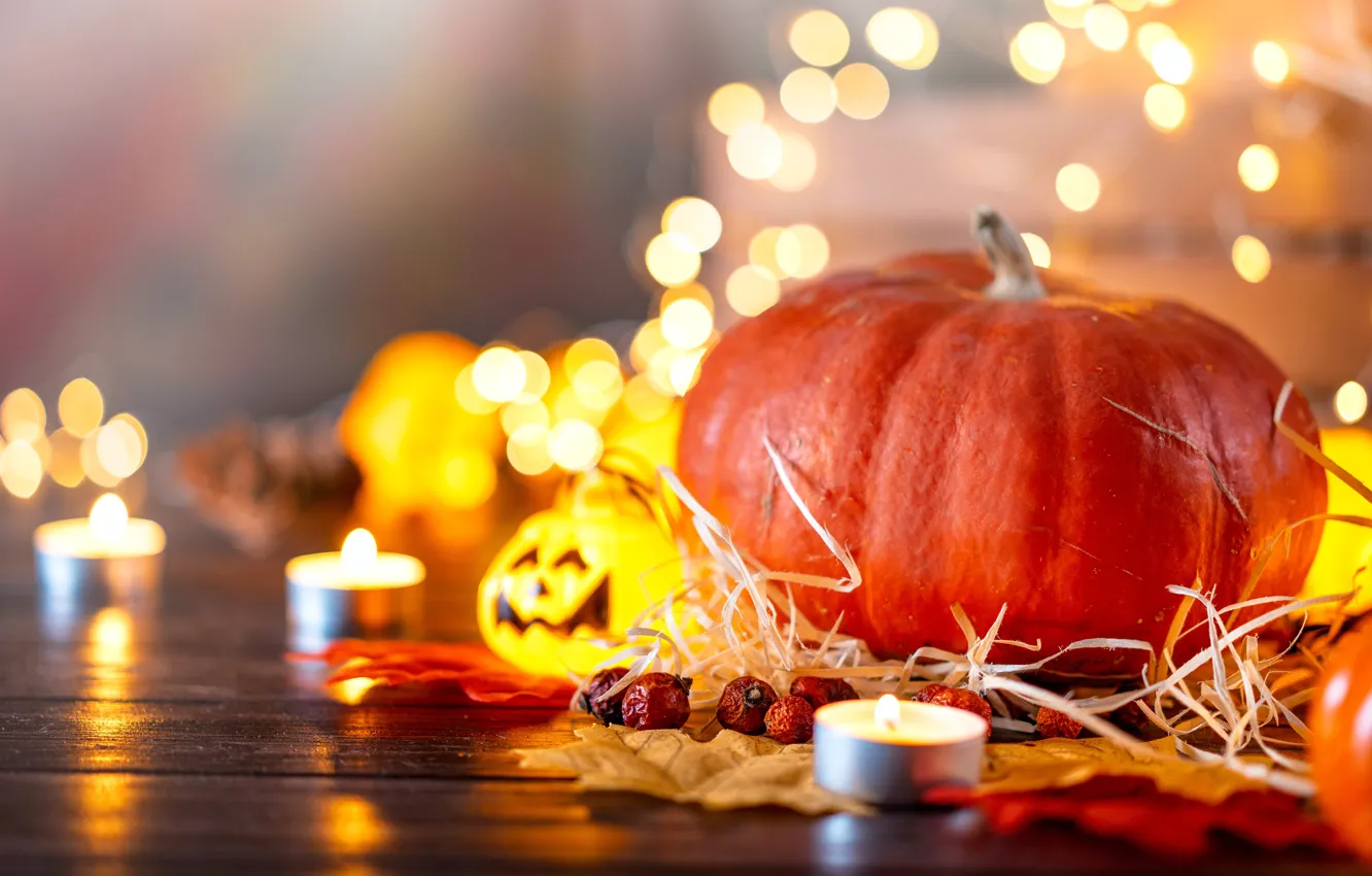 Photo wallpaper autumn, light, lights, lights, table, holiday, Board, candles