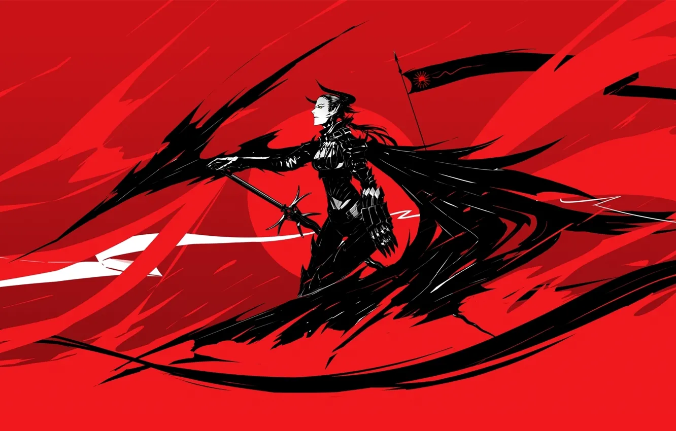 Photo wallpaper girl, red, black, figure, sword, anime, flag, the demon