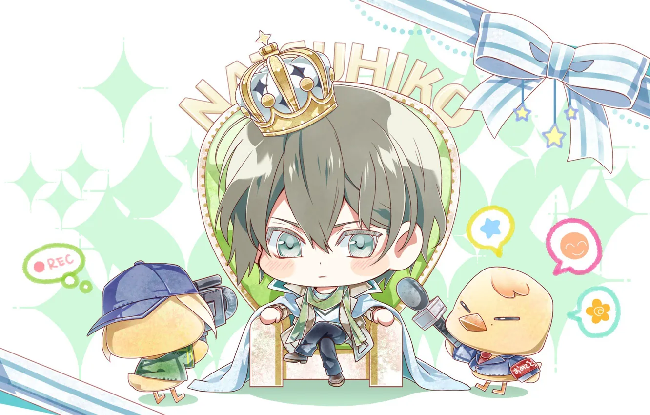 Photo wallpaper chickens, crown, microphone, bow, Chibi, interview, azuma natsuhiko, NORN9
