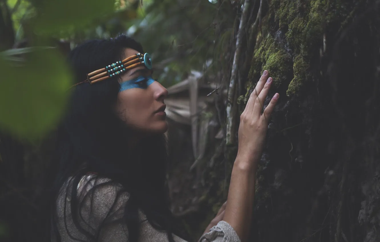 Photo wallpaper girl, nature, face, tree, brunette, touch