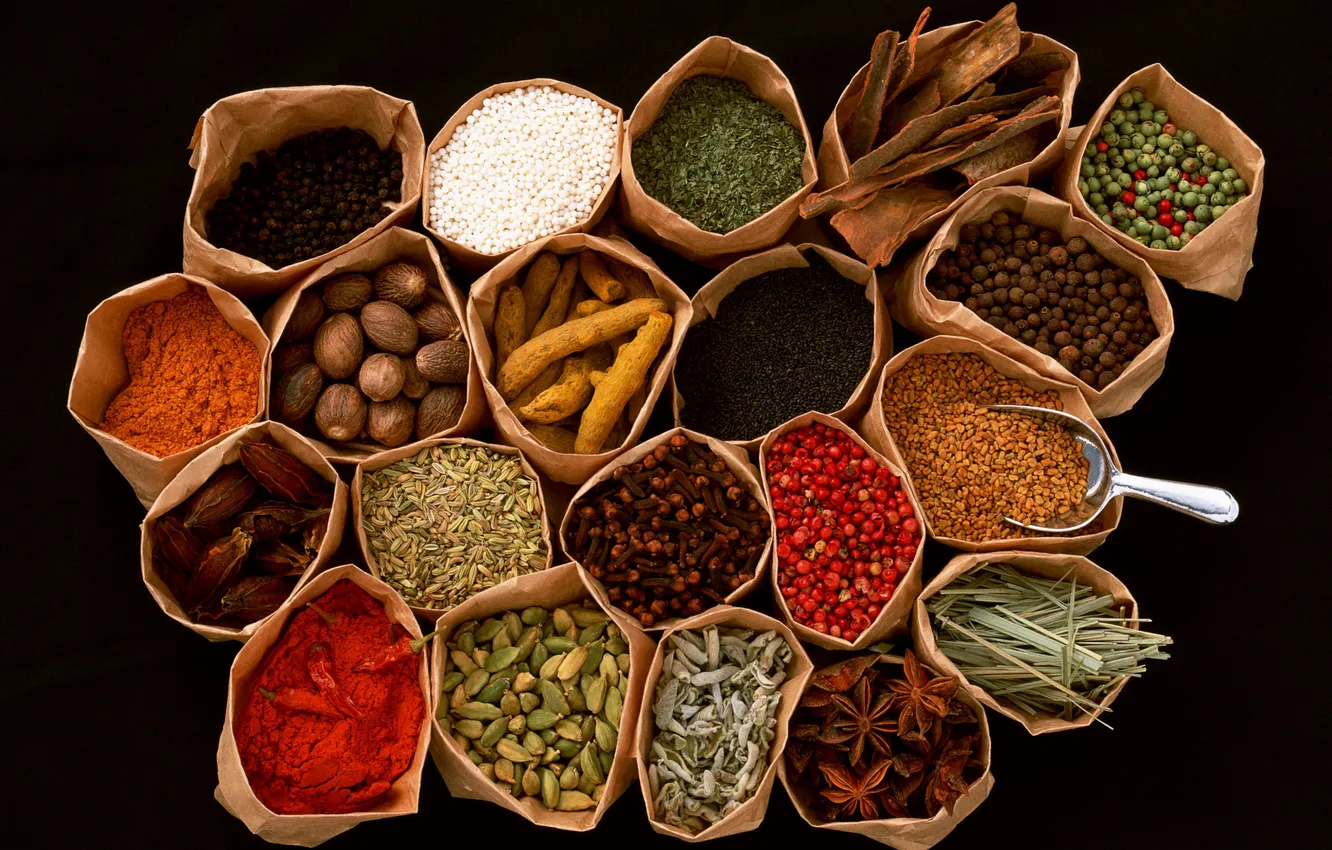 Photo wallpaper pepper, spices, seasoning, star anise, cumin, cranberries, saffron