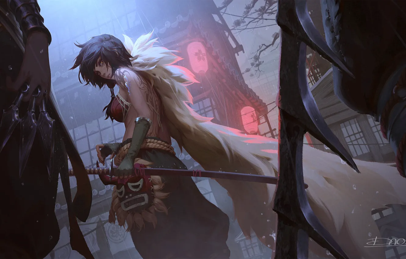 Photo wallpaper look, pose, weapons, katana, mask, structure, weapon, katana