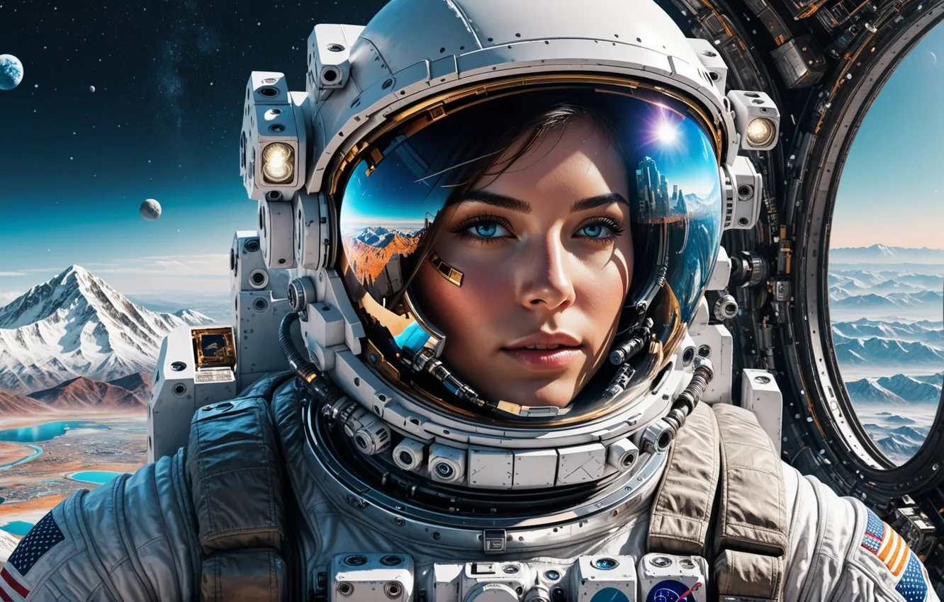 Photo wallpaper look, girl, astronaut, the suit