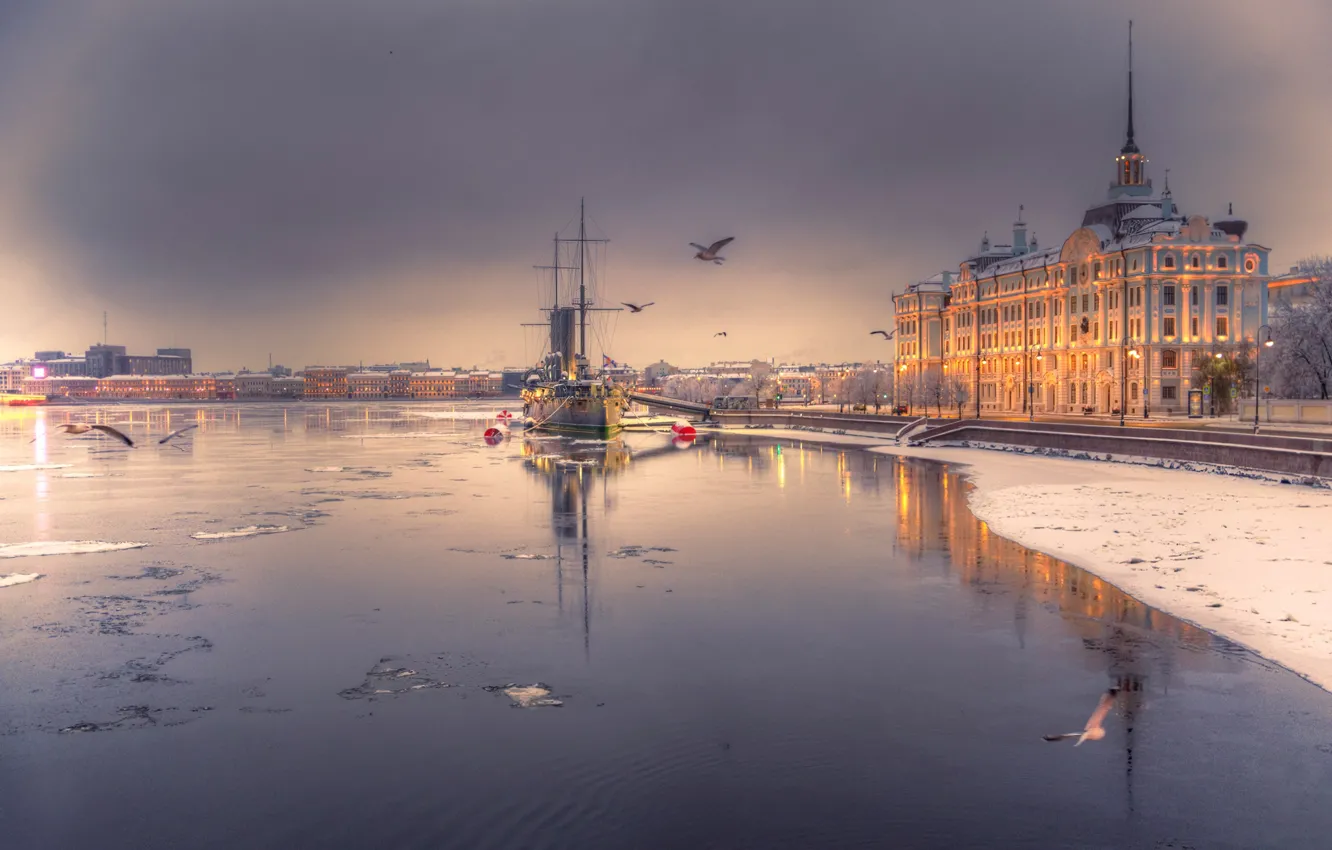 Photo wallpaper winter, river, the building, seagulls, Saint Petersburg, Aurora, Russia, Petrogradskaya embankment