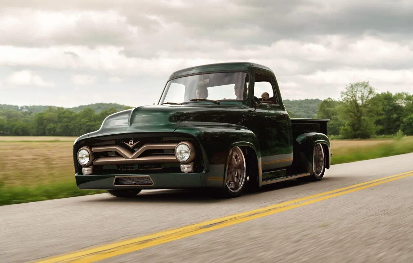 Photo wallpaper Ford, Green, Road, Pickup, Forest, F-100, V8