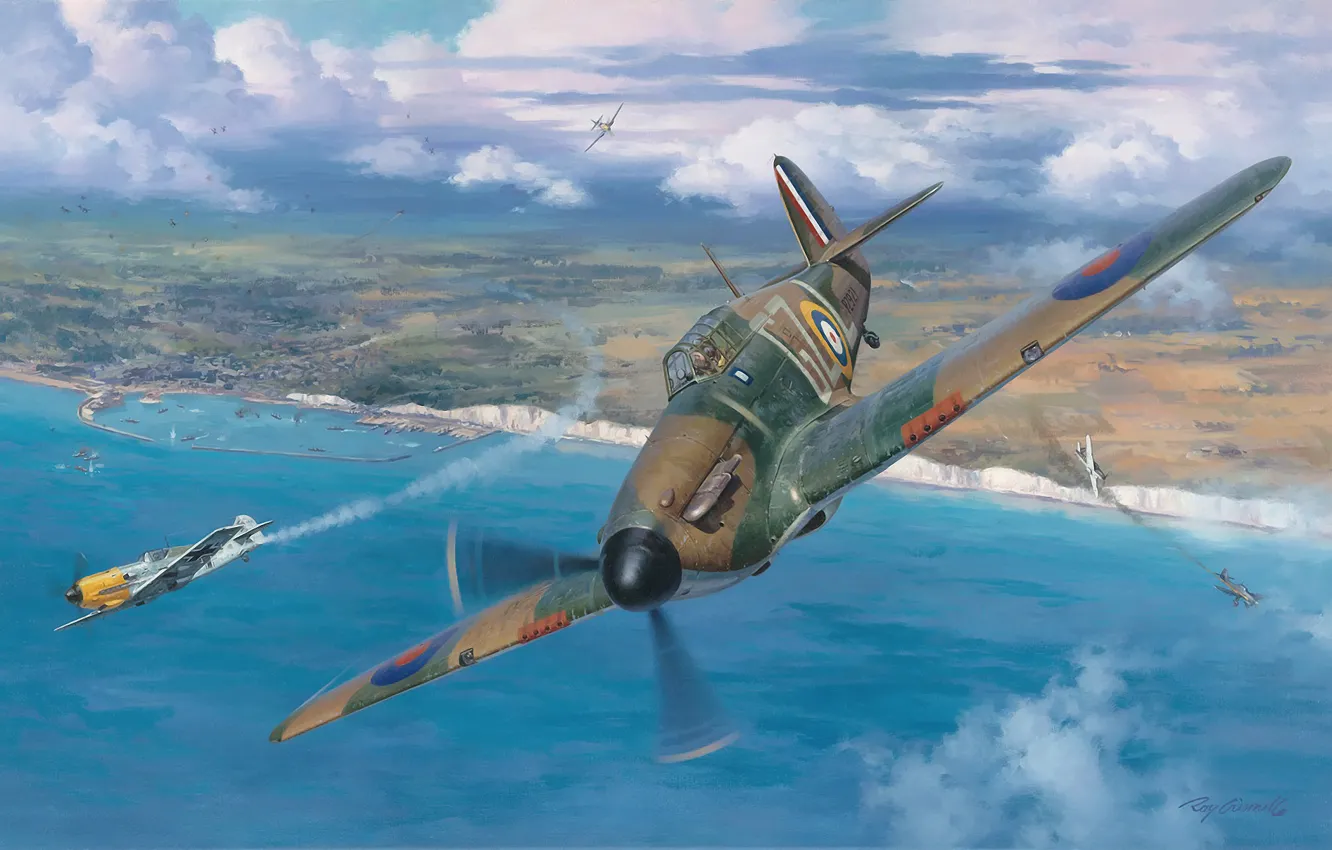 Photo wallpaper war, aviation, Hawker Hurricane, ww2, battle of britain, painting art, Junkers Ju 87, Messerschmitt Bf …