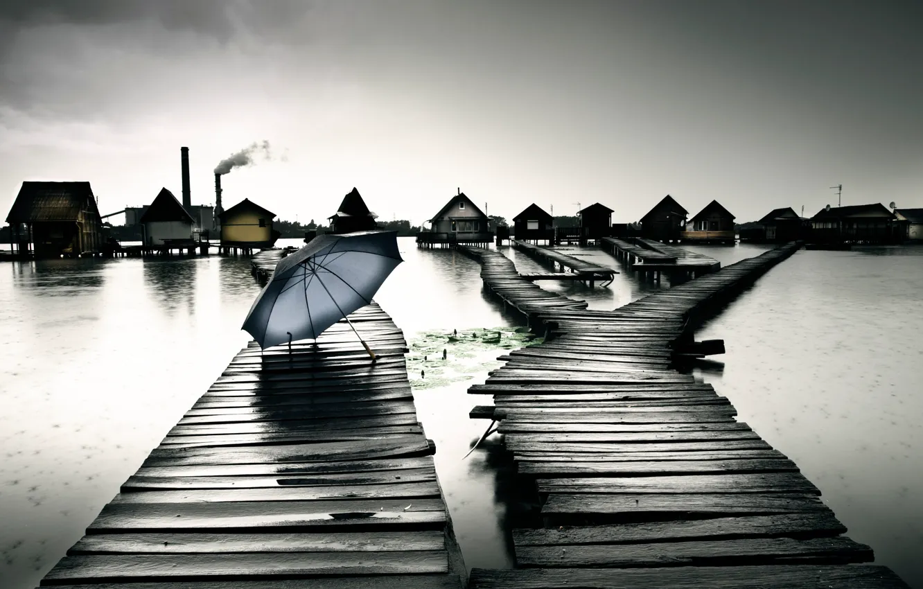 Photo wallpaper lake, rain, home, umbrella, Hungary, Bokod