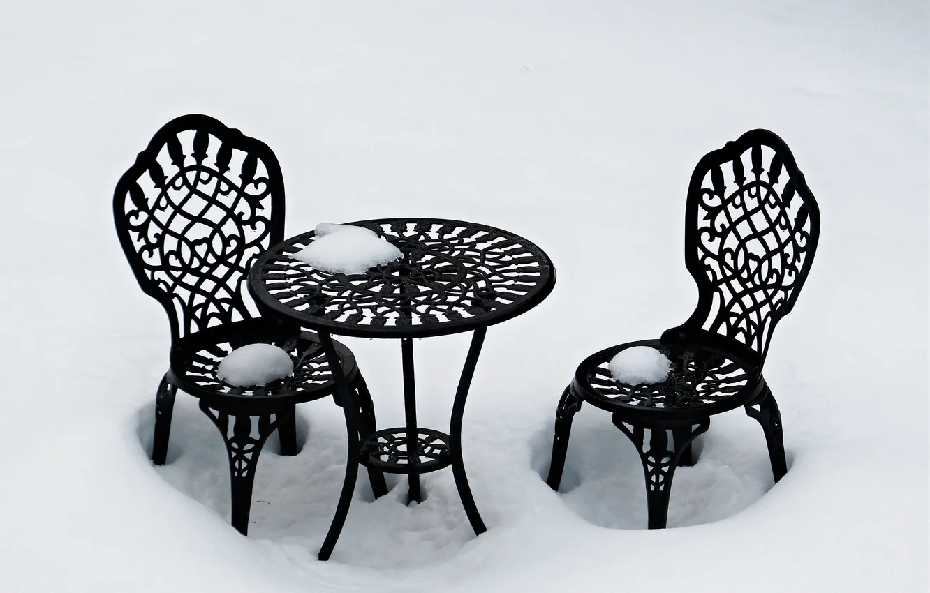 Photo wallpaper snow, table, toy, chair