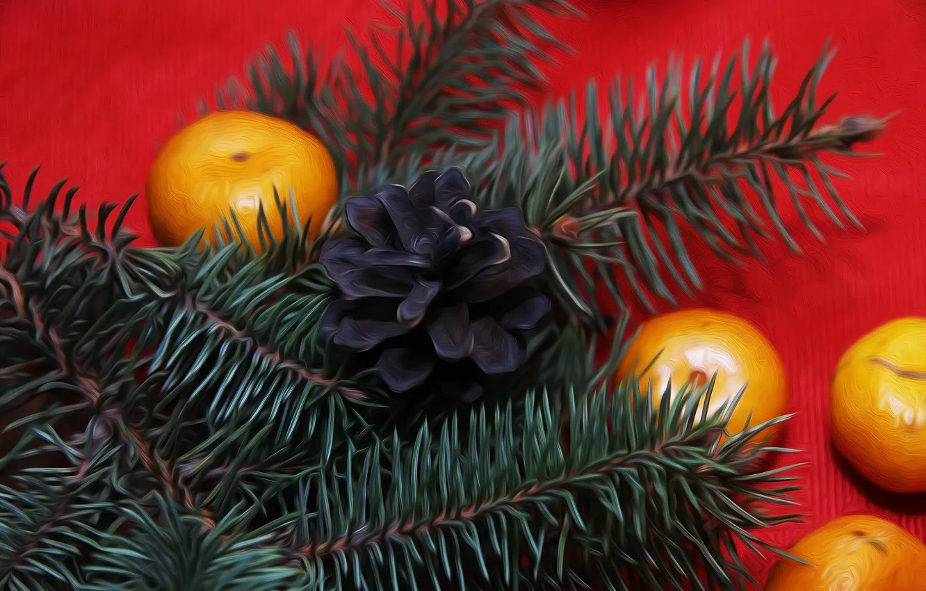 Photo wallpaper needles, sprig, spruce, picture, bumps, tangerines
