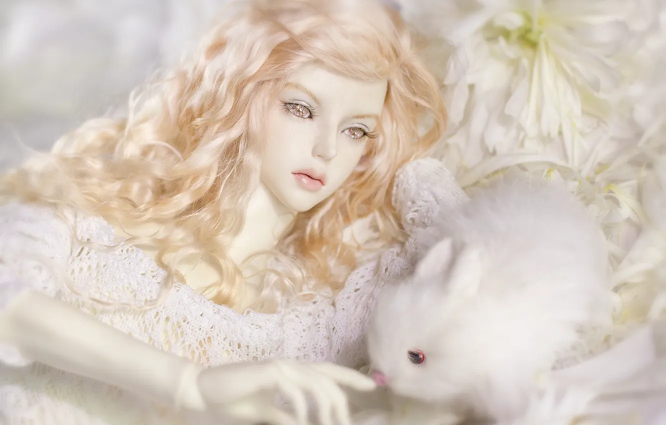 Photo wallpaper girl, toy, doll, rabbit