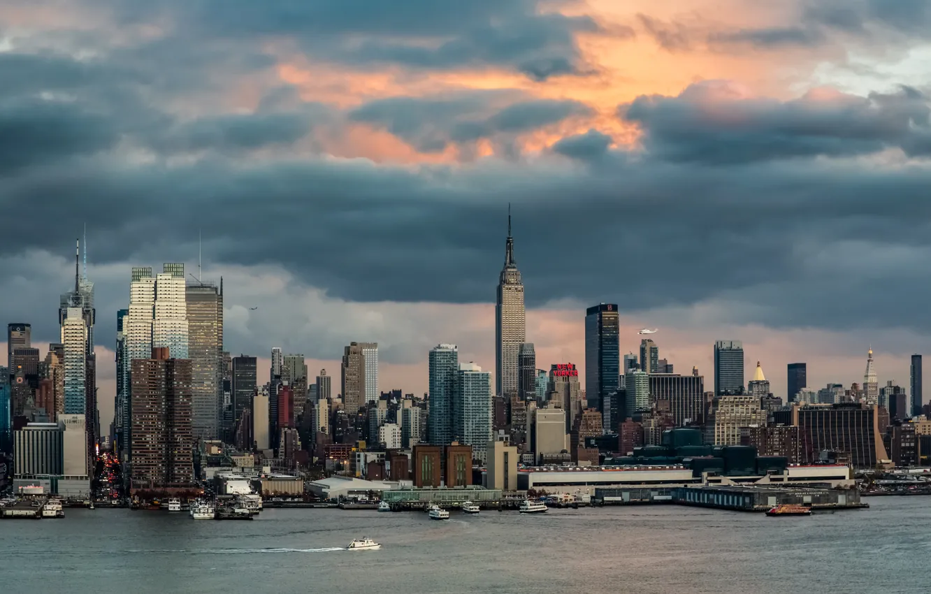 Photo wallpaper sea, the sky, clouds, building, New York, the evening, boat, USA