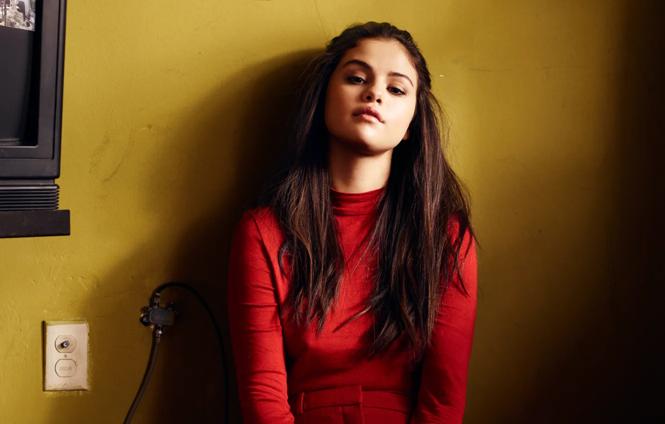 Photo wallpaper makeup, actress, brunette, hairstyle, photographer, singer, in red, Selena Gomez