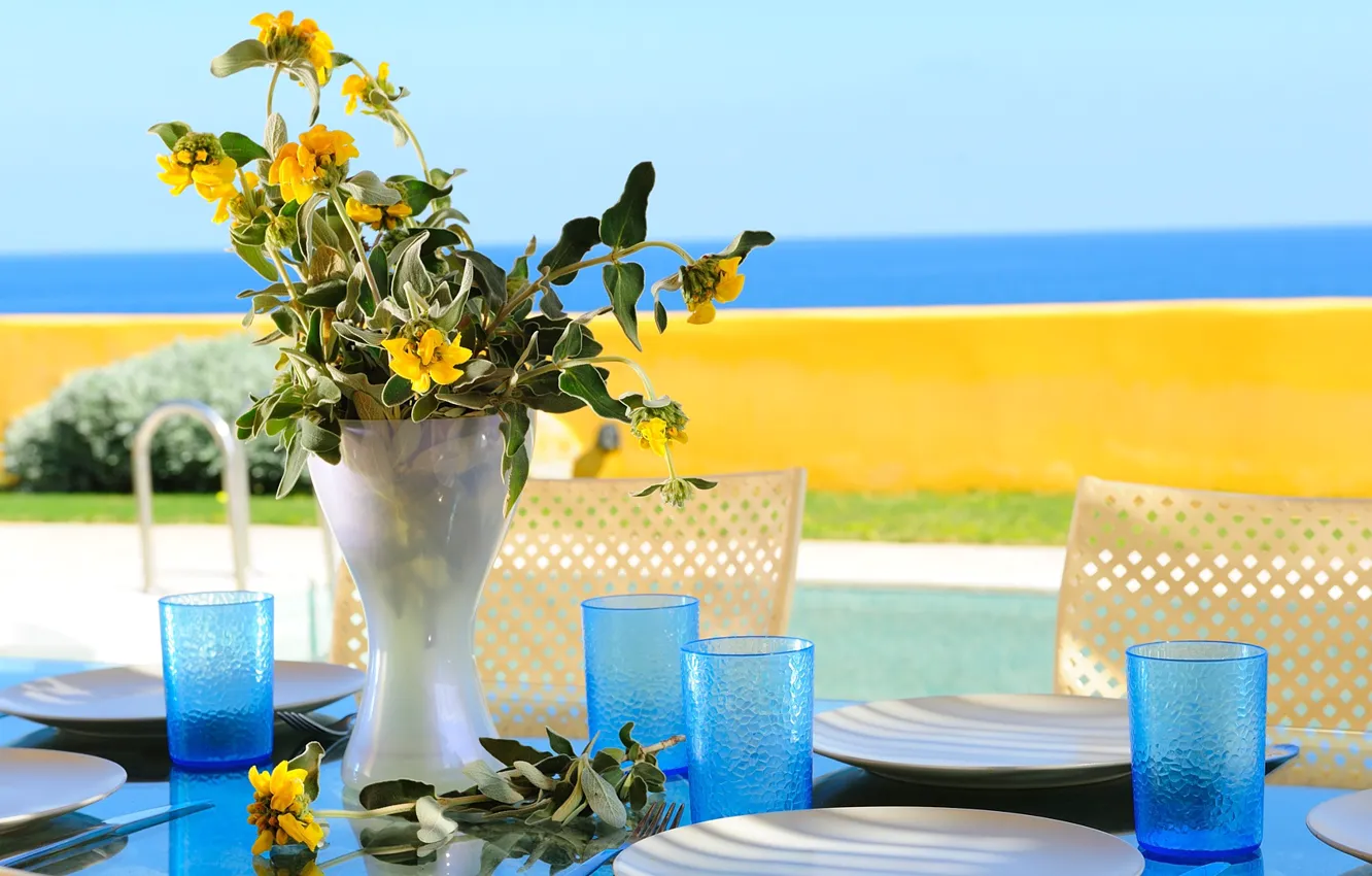 Photo wallpaper flowers, vase, table, Greece, Villa Almira, Rethymno