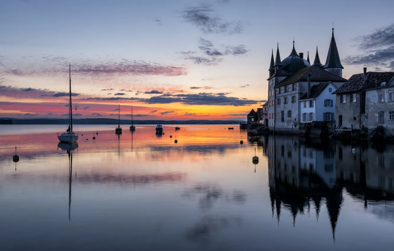 Photo wallpaper the sky, clouds, sunset, reflection, castle, dawn, boat, yacht