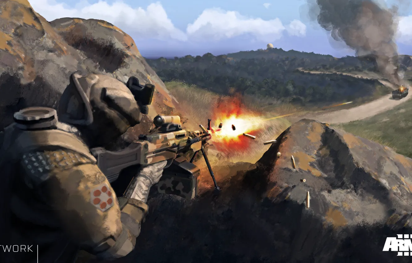 Photo wallpaper soldiers, shots, machine gun, artwork, DLC Marksmen, ArmA 3