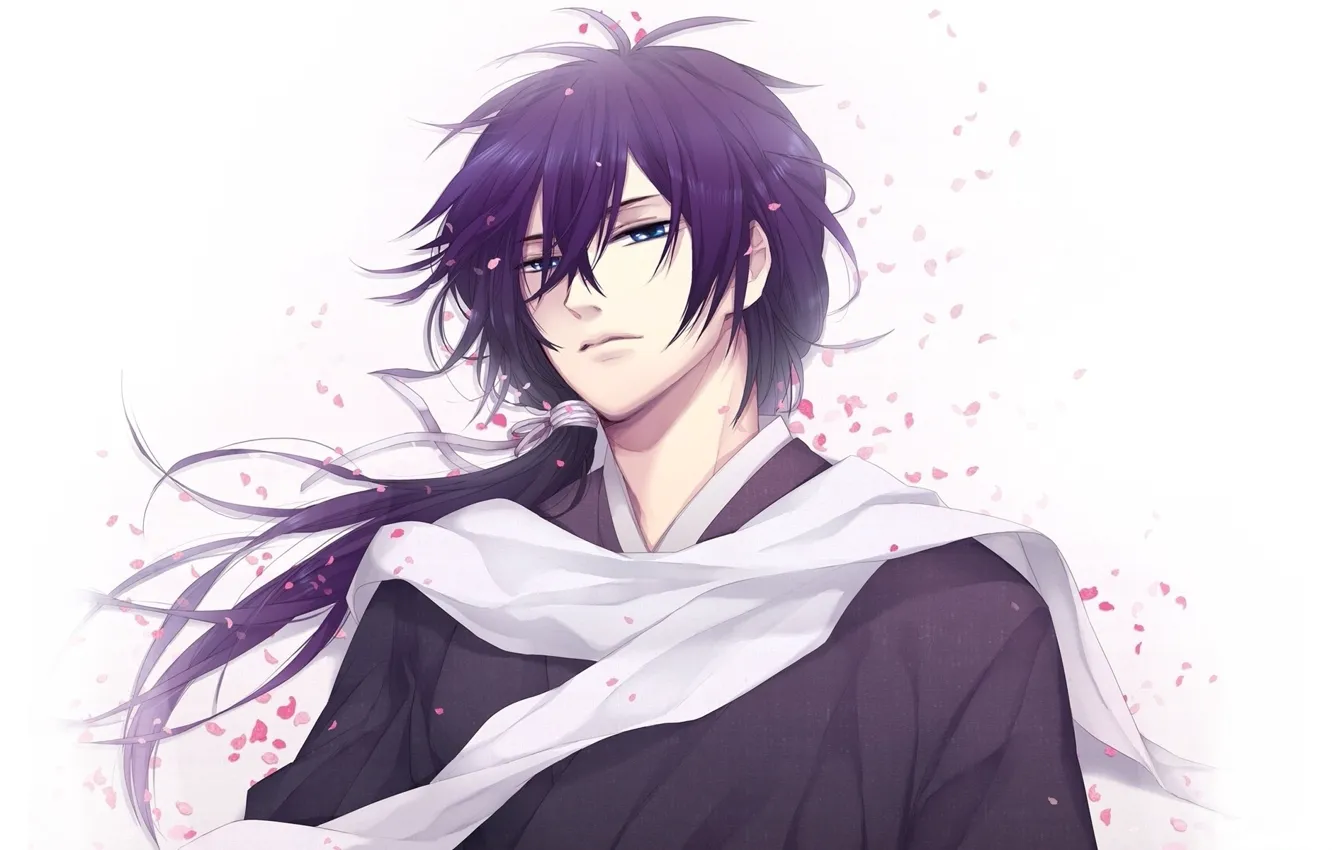 Photo wallpaper petals, scarf, samurai, guy, kimono, long hair, sad, Demons pale cherry