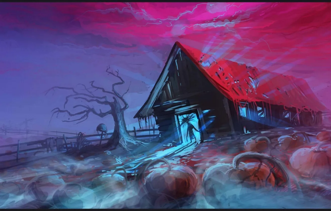 Photo wallpaper trees, home, fence, art, gloomy