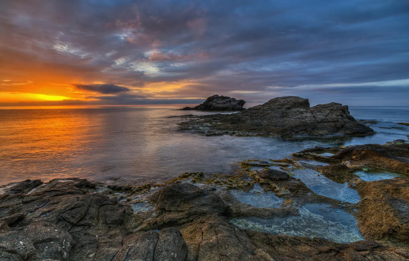 Photo wallpaper sea, rocks, dawn, shore