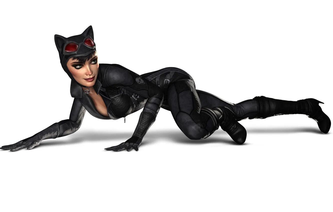 Photo wallpaper cat, look, pose, smile, woman, glasses, Batman Arkham City, Catwoman