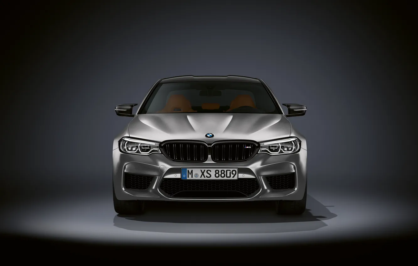 Photo wallpaper grey, background, BMW, sedan, front view, dark, 4x4, 2018