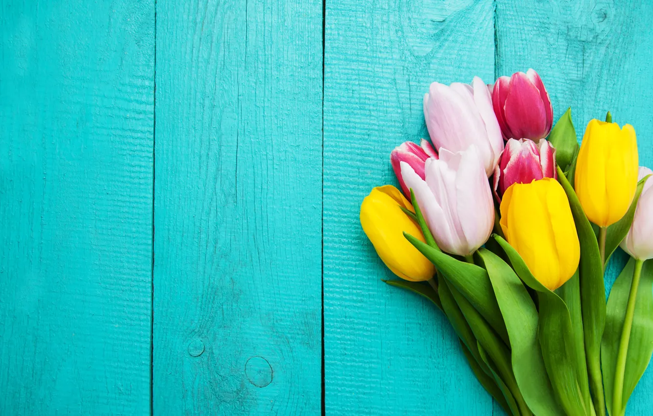 Photo wallpaper colorful, tulips, pink, yellow, wood, pink, flowers, tulips