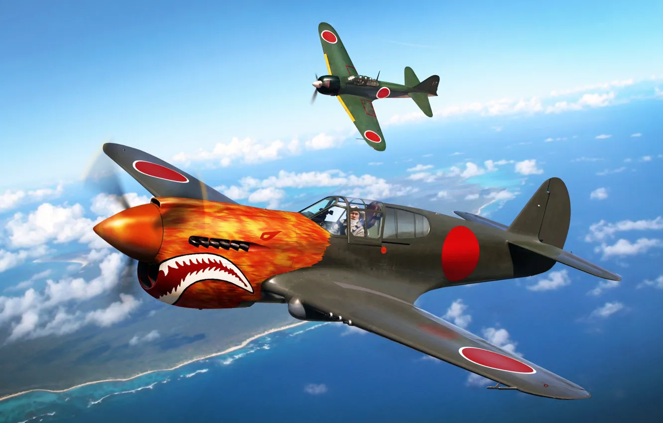 Photo wallpaper Mitsubishi, Curtiss, The second World war, Zero, P-40 Warhawk, Trophy, The Navy of Imperial Japan, …