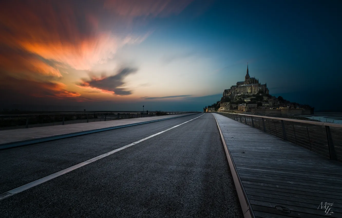 Photo wallpaper road, the sky, landscape, sunset, castle