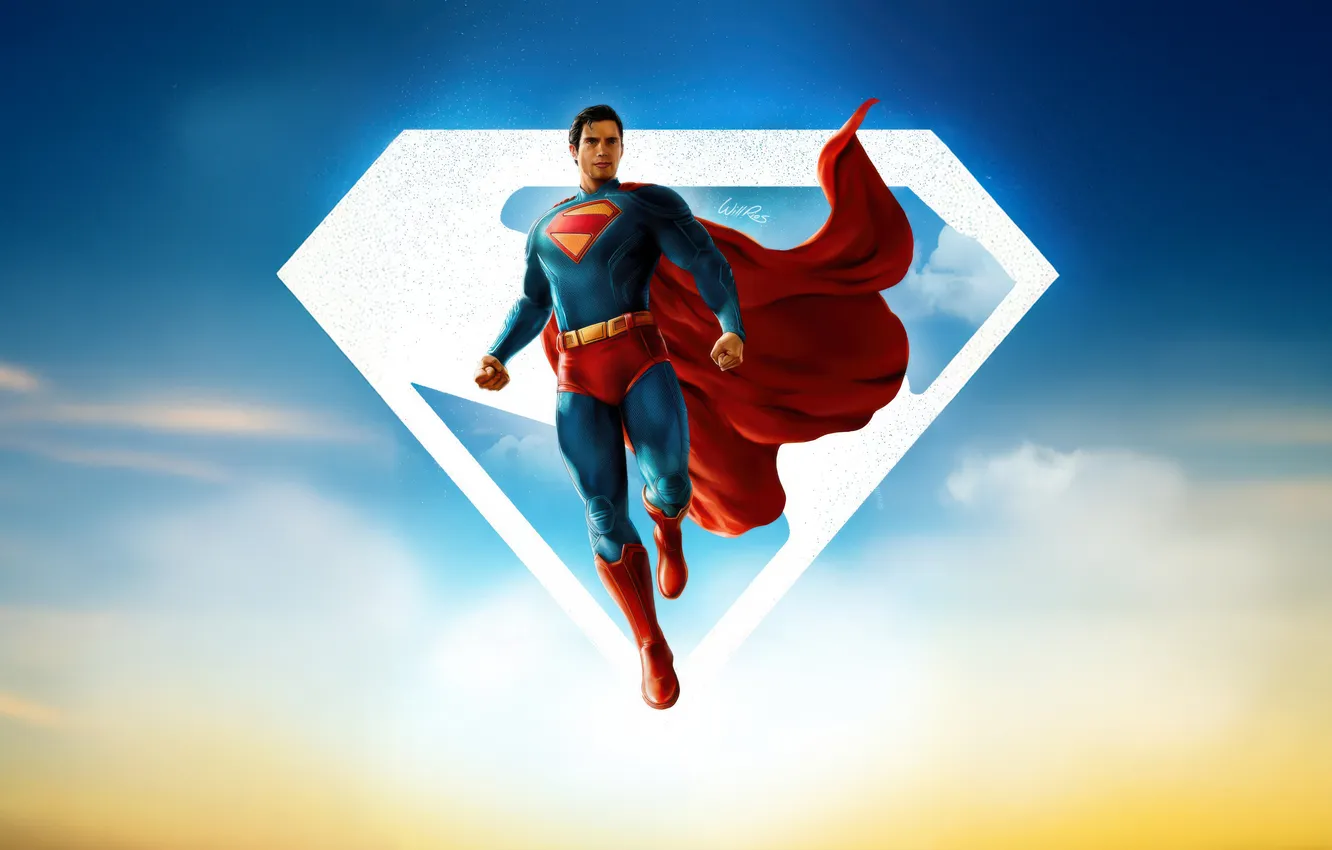 Photo wallpaper the sky, background, figure, logo, art, costume, Superman, superhero