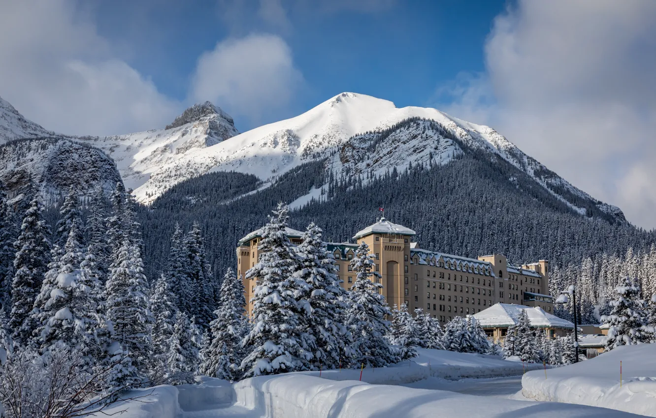 Photo wallpaper mountains, architecture, ate, the sky, Canada, forest, building
