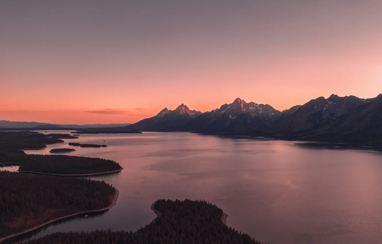 Photo wallpaper trees, sunset, mountains, lake, island, snow in the mountain