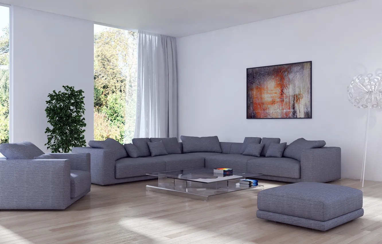 Photo wallpaper design, room, sofa, Windows, picture, pillow, living room