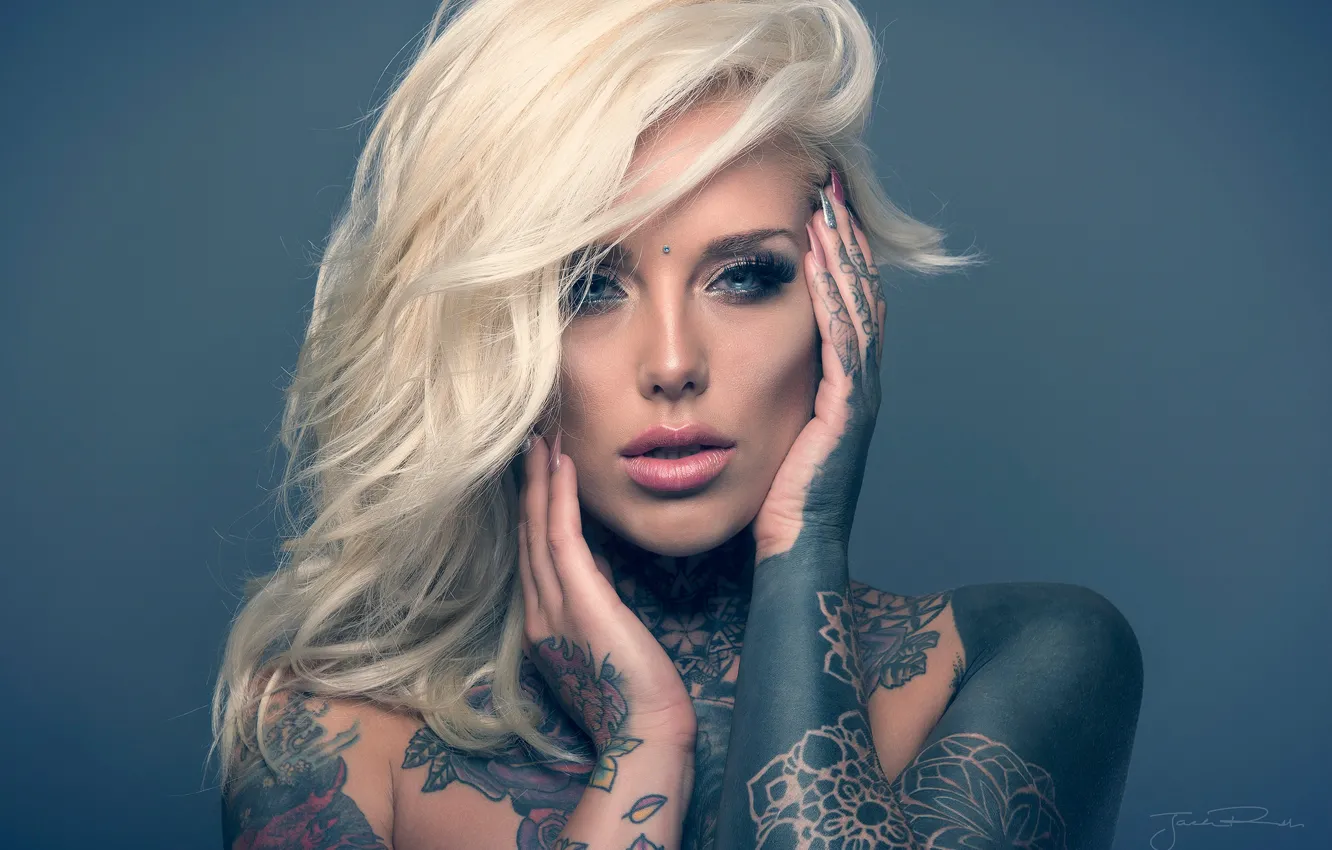 Photo wallpaper look, face, background, model, hair, hands, tattoo, blonde