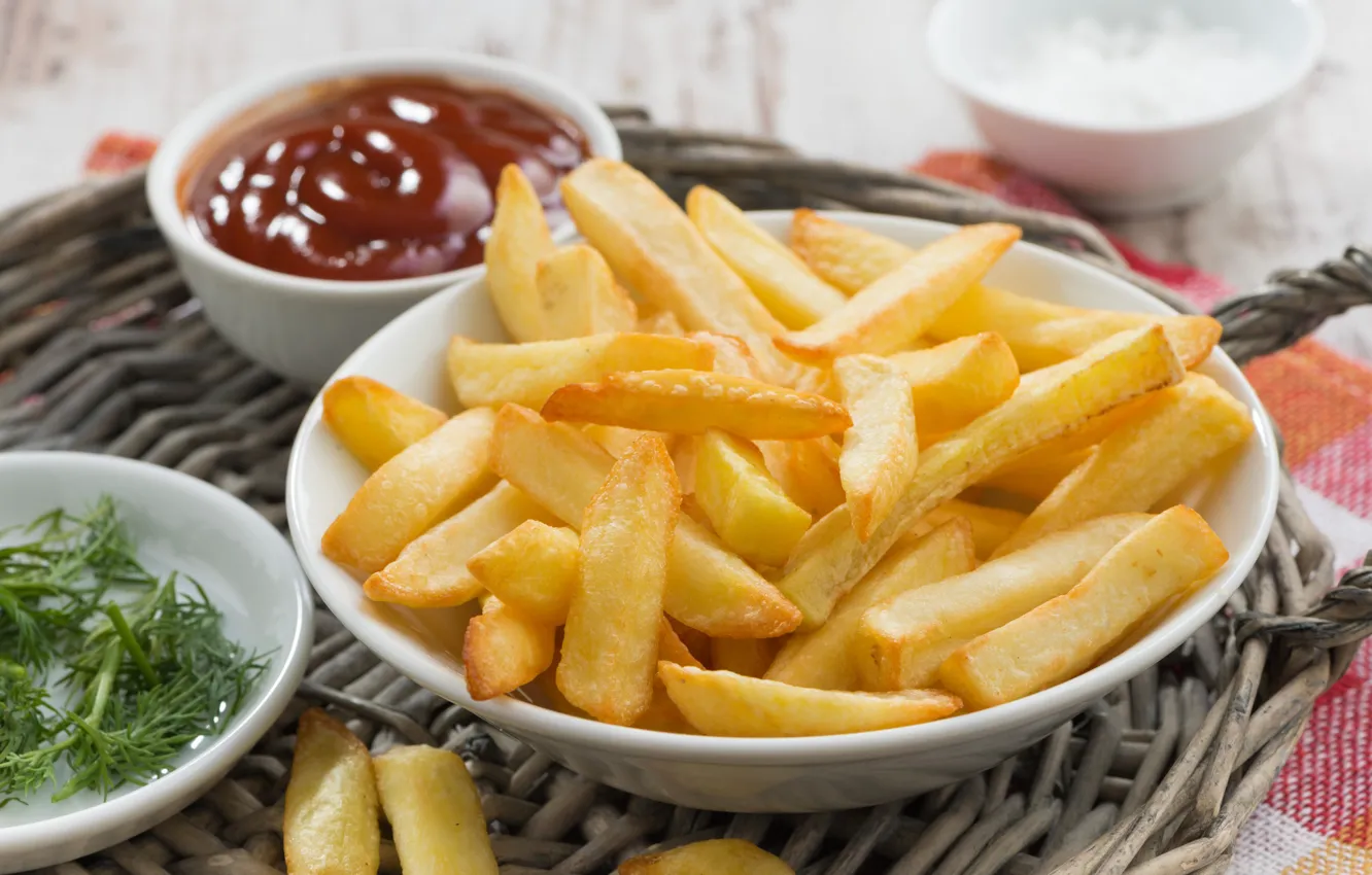 Photo wallpaper sauce, ketchup, potatoes, French fries, pan