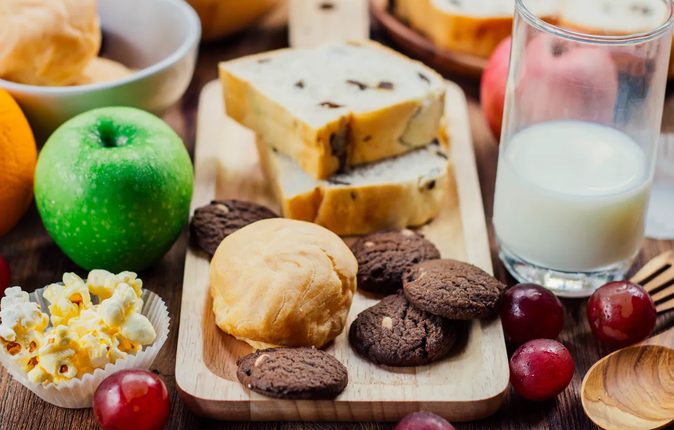 Photo wallpaper milk, cookies, fruit, cakes, cupcake