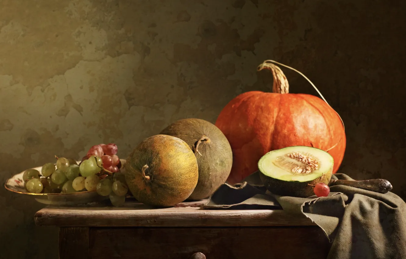 Photo wallpaper plate, grapes, fabric, pumpkin, table, still life, chest, melon