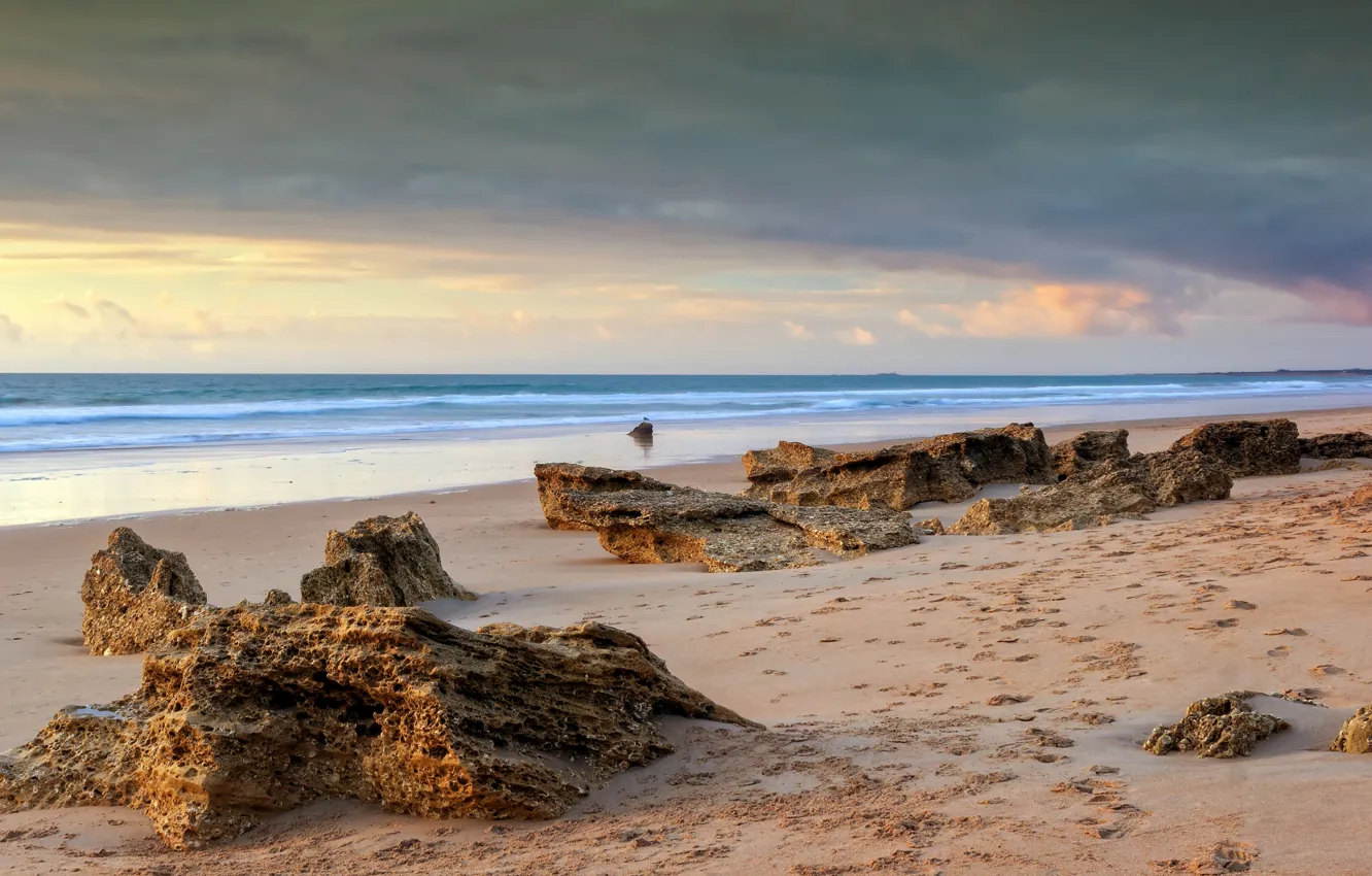 Photo wallpaper sand, sea, wave, beach, summer, the sky, stones, rocks