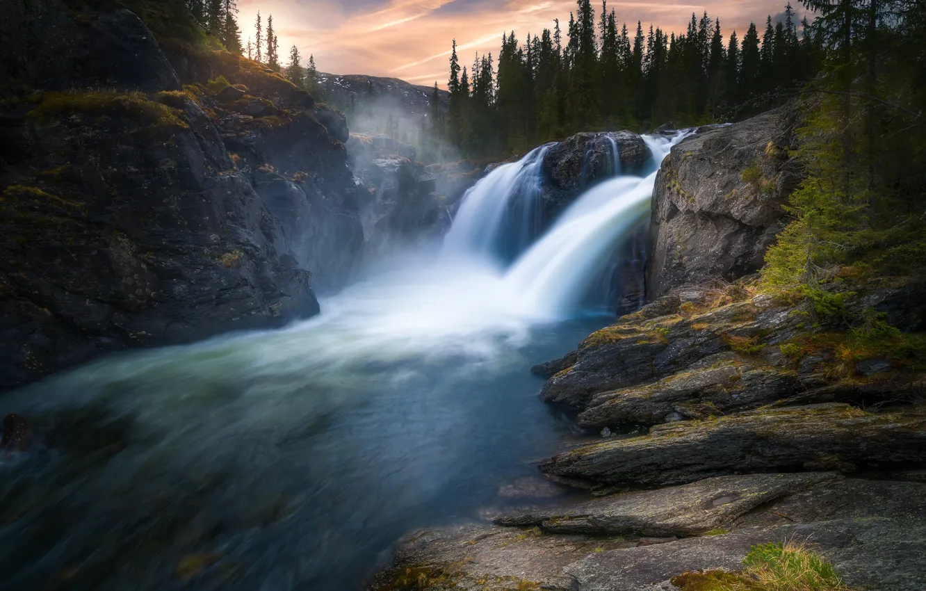 Photo wallpaper trees, river, rocks, waterfall, Norway, Norway, Hemsedal, Hemsedal